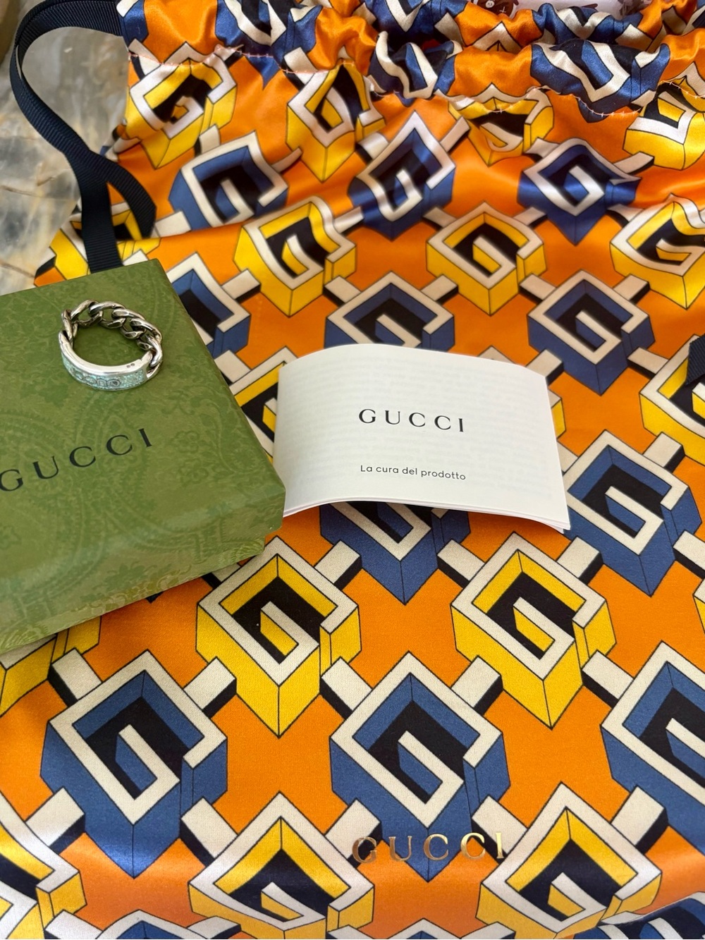 AUTHENTIC GUCCI Plate Ring RARE SET Teal 925 Silver Sz 9 Turquoise Green Inlay - Picture 9 of 10